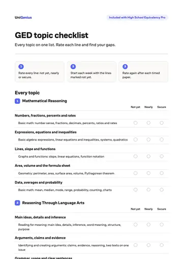 Page one of the GED topic checklist