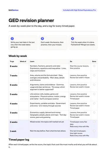 Page one of the GED revision planner