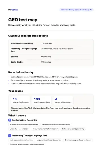 Page one of the GED test map