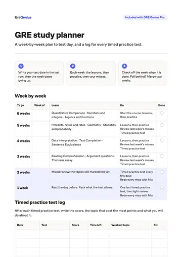 Page one of the GRE study planner