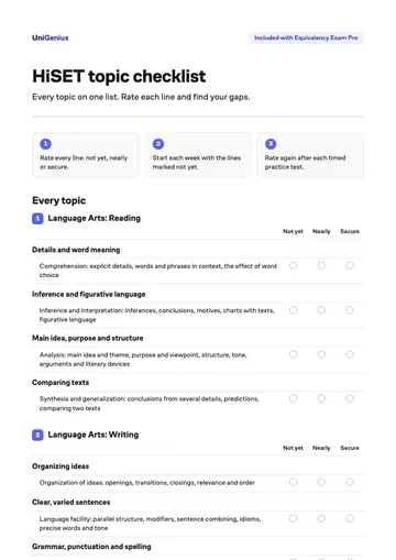Page one of the HiSET topic checklist