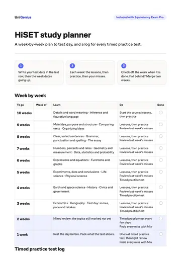 Page one of the HiSET study planner