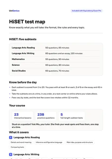 Page one of the HiSET test map
