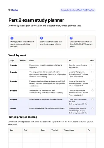 Page one of the Part 2 exam study planner