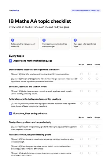Page one of the IB Maths AA topic checklist