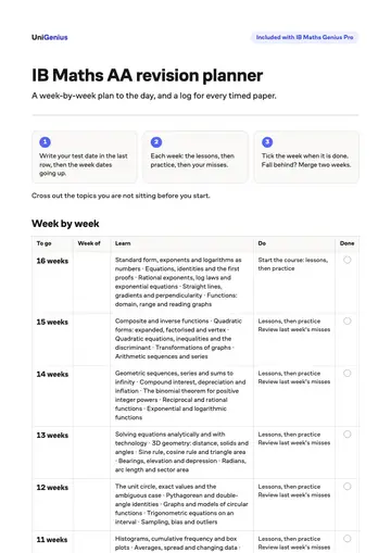 Page one of the IB Maths AA revision planner