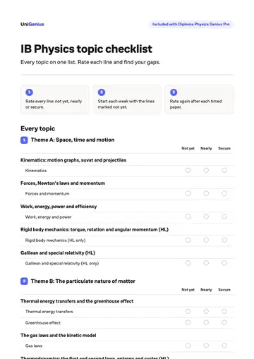 Page one of the IB Physics topic checklist