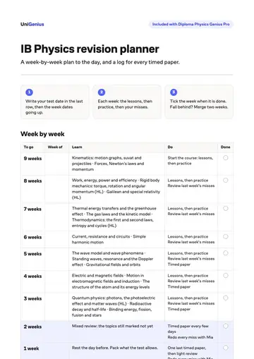 Page one of the IB Physics revision planner