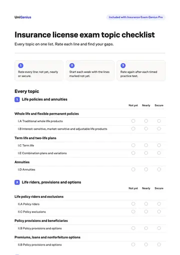 Page one of the Insurance license exam topic checklist