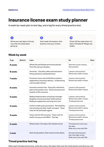 Page one of the Insurance license exam study planner