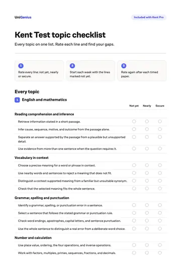 Page one of the Kent Test topic checklist