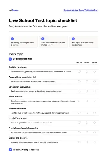 Page one of the Law School Test topic checklist