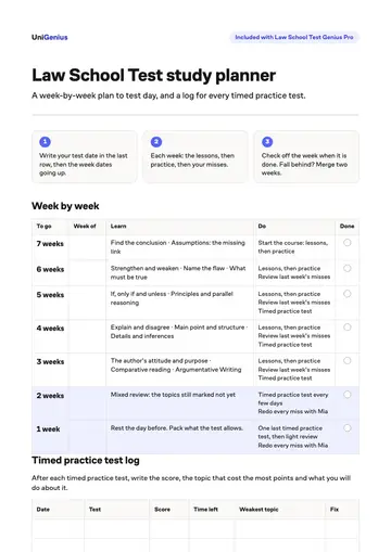 Page one of the Law School Test study planner