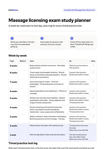 Page one of the Massage licensing exam study planner