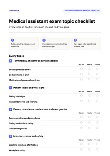 Page one of the Medical assistant exam topic checklist