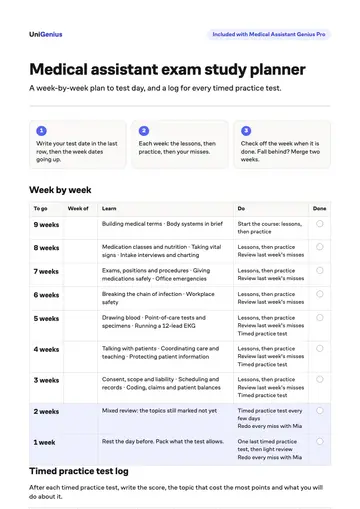 Page one of the Medical assistant exam study planner