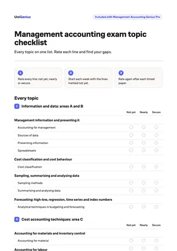 Page one of the Management accounting exam topic checklist