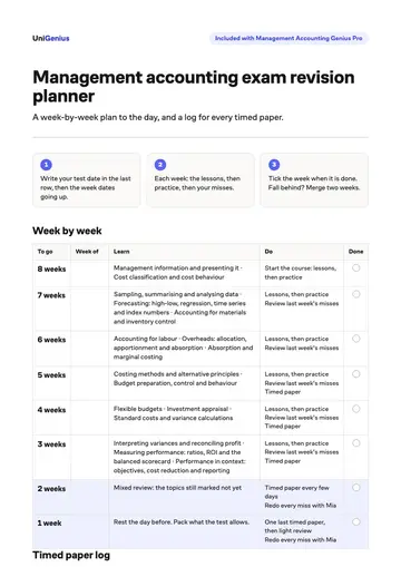 Page one of the Management accounting exam revision planner