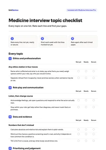 Page one of the Medicine interview topic checklist