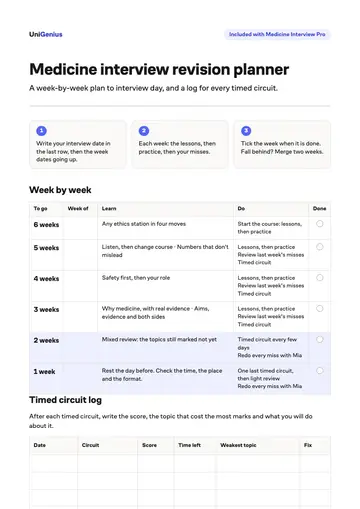 Page one of the Medicine interview revision planner