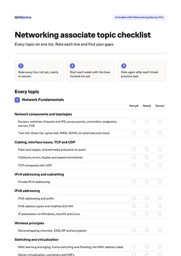 Page one of the Networking associate topic checklist
