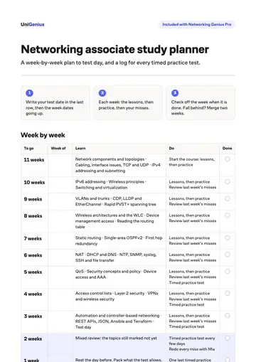 Page one of the Networking associate study planner
