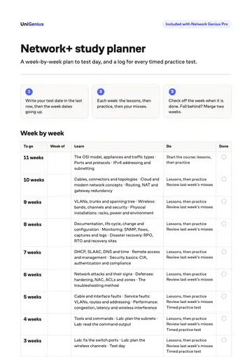Page one of the Network+ study planner