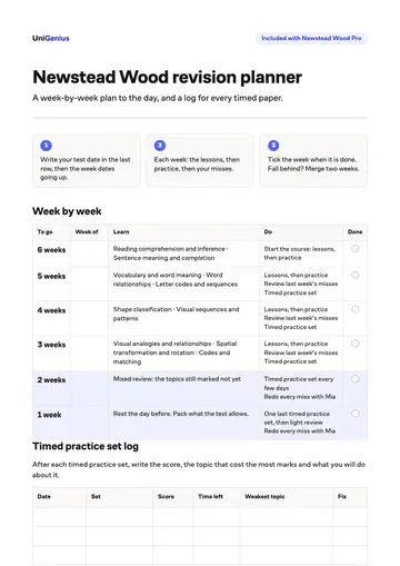 Page one of the Newstead Wood revision planner