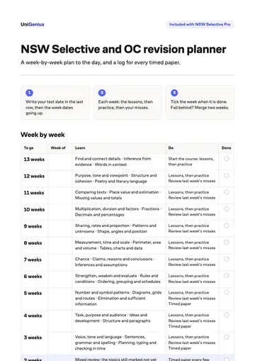 Page one of the NSW Selective and OC revision planner