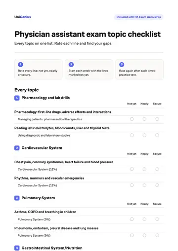 Page one of the Physician assistant exam topic checklist