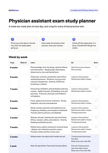 Page one of the Physician assistant exam study planner