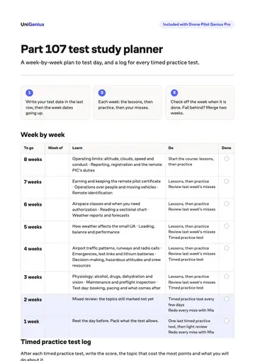 Page one of the Part 107 test study planner