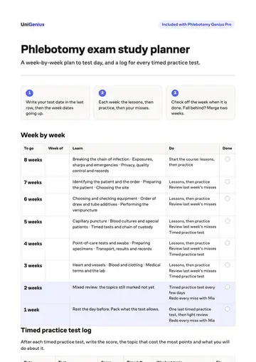 Page one of the Phlebotomy exam study planner