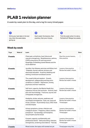 Page one of the PLAB 1 revision planner