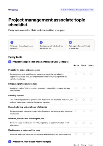 Page one of the Project management associate topic checklist