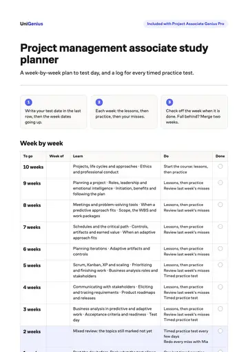 Page one of the Project management associate study planner