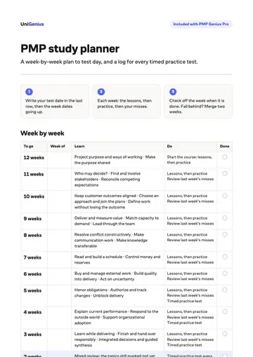 Page one of the PMP study planner