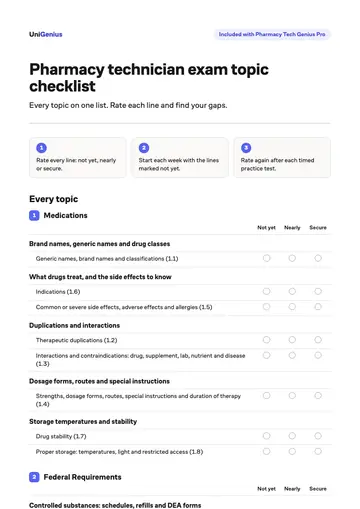 Page one of the Pharmacy technician exam topic checklist