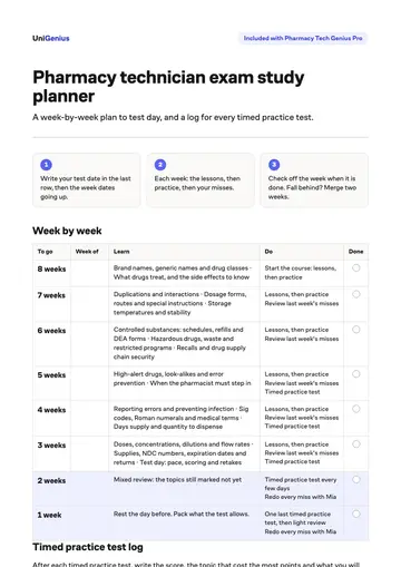 Page one of the Pharmacy technician exam study planner