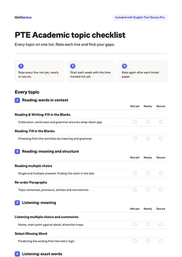 Page one of the PTE Academic topic checklist