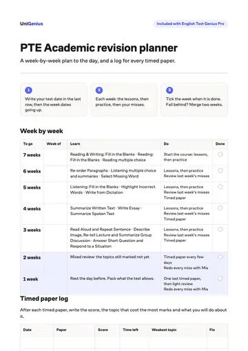 Page one of the PTE Academic revision planner