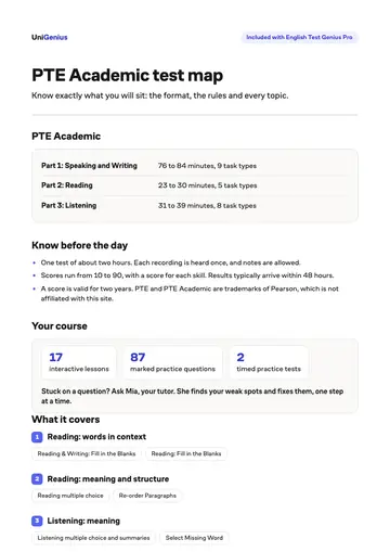 Page one of the PTE Academic test map