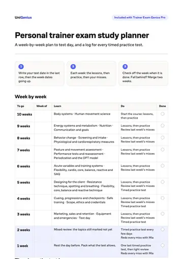 Page one of the Personal trainer exam study planner