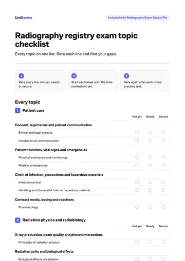 Page one of the Radiography registry exam topic checklist