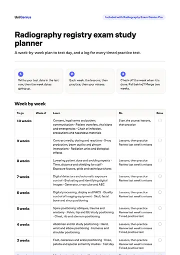 Page one of the Radiography registry exam study planner