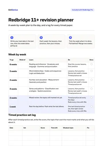 Page one of the Redbridge 11+ revision planner