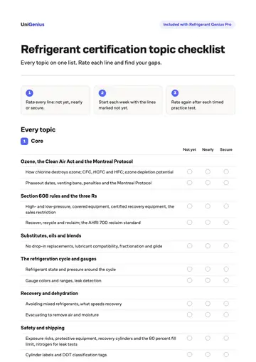Page one of the Refrigerant certification topic checklist