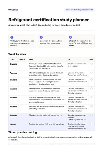 Page one of the Refrigerant certification study planner