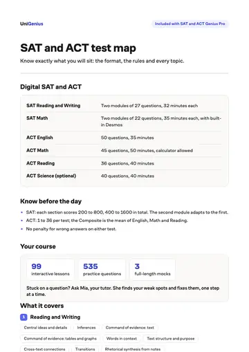 Page one of the SAT and ACT test map