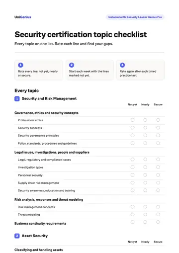 Page one of the Security certification topic checklist